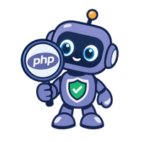 PHP Patch-Status Checker robot mascot inspecting a PHP logo through a magnifying glass